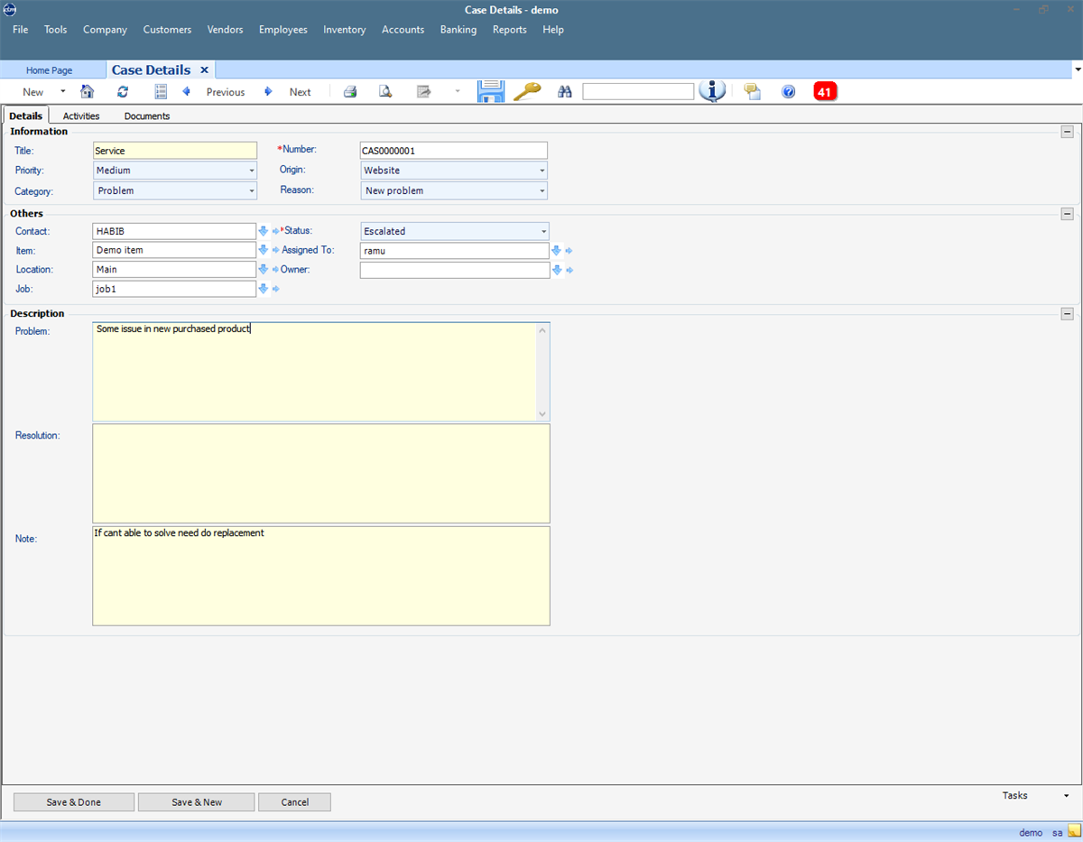 QBM case details screen with demo customer support information