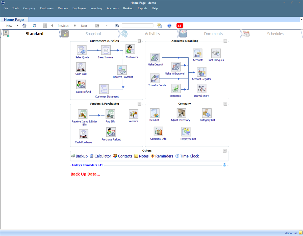 QBM ERP home dashboard with accounting, sales, purchasing, inventory and reporting modules