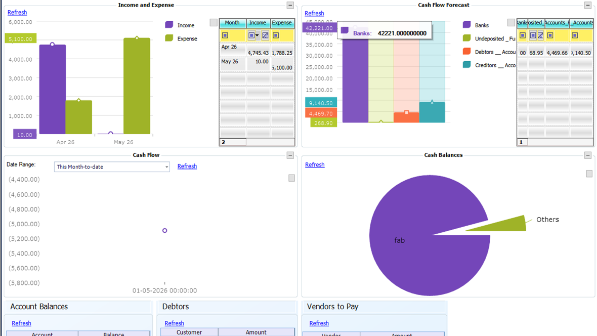 QBM snapshot dashboard showing finance, cash flow, account balance, and vendor payment views