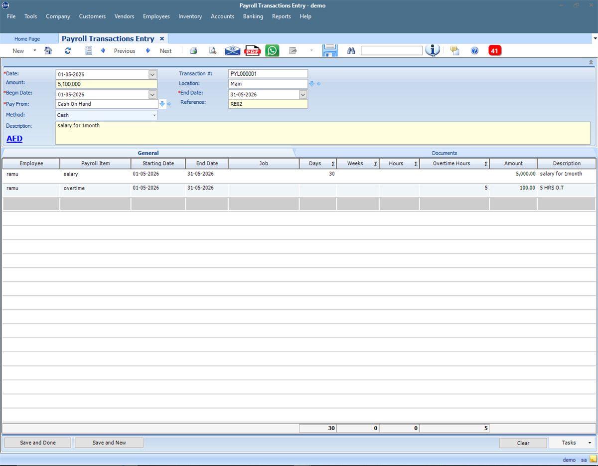 QBM payroll entry workflow with demo employee and salary data