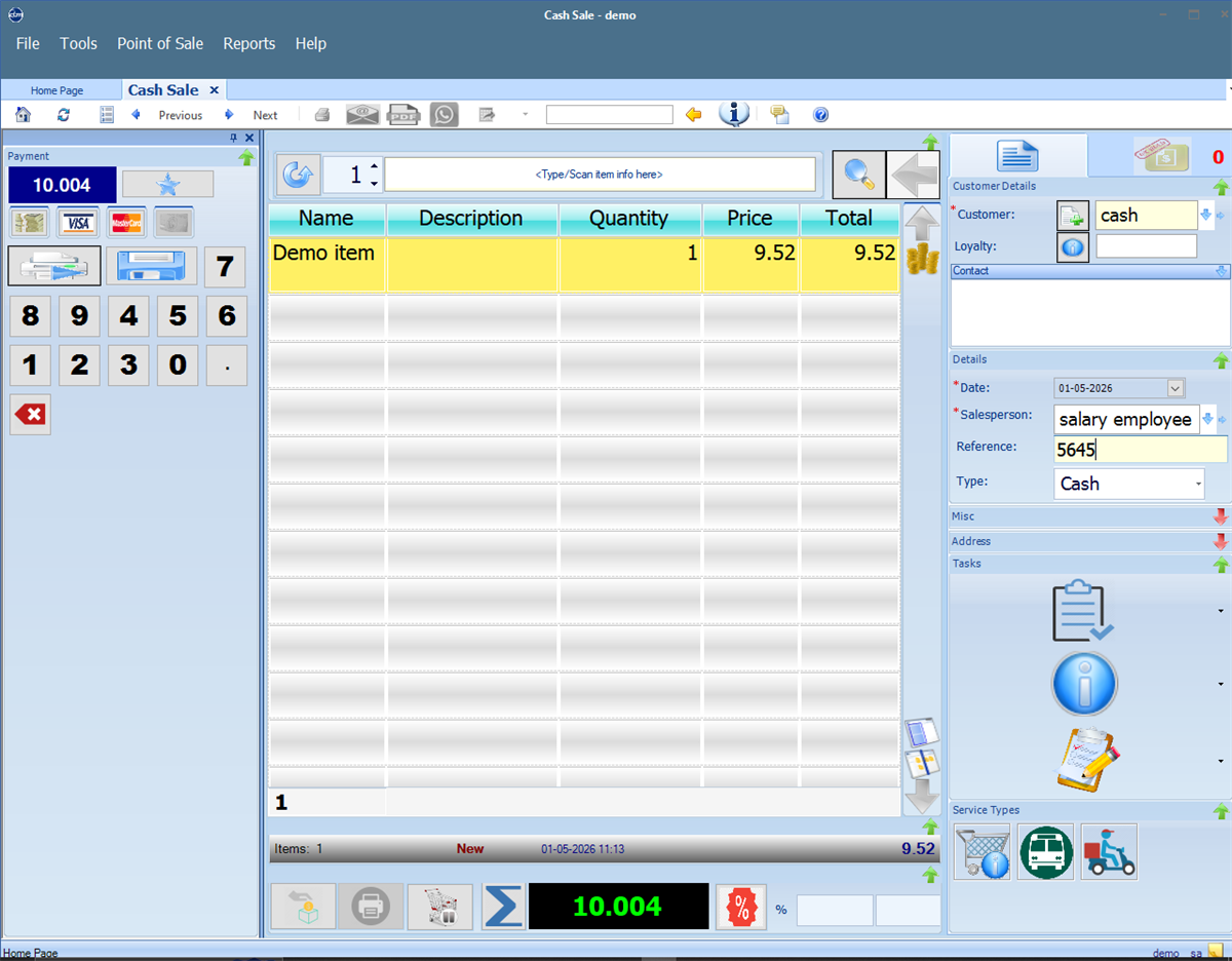 QBM POS cash sale screen with demo item and payment values