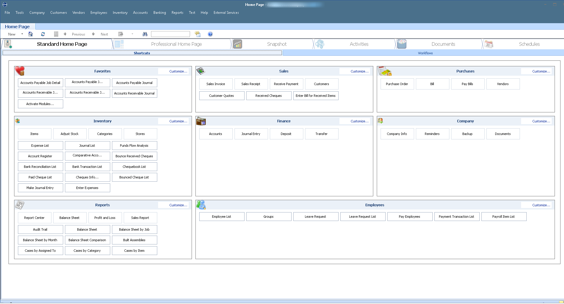 QBM Standard Home Page showing favorites, sales, purchases, inventory, finance, company, reports, and employees areas