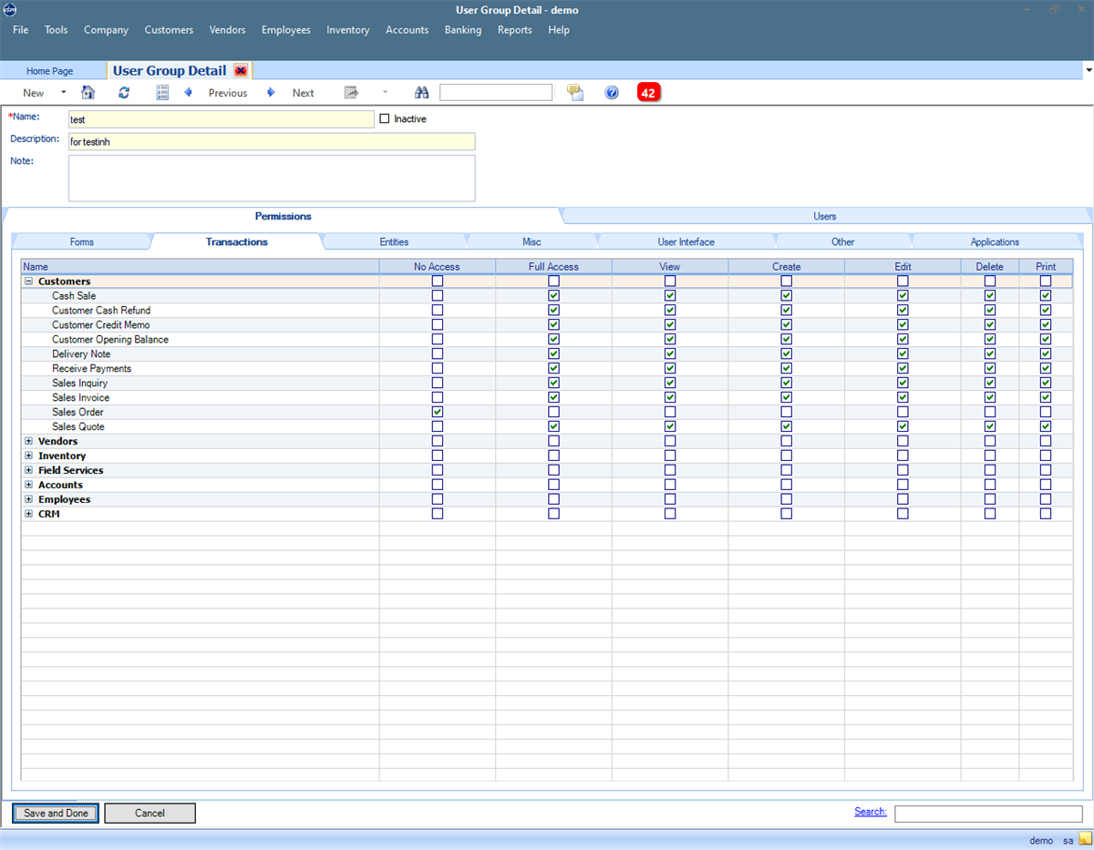 QBM user group security detail screen with demo permissions data