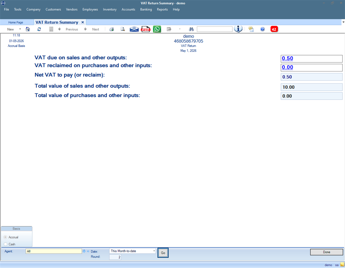 QBM VAT return summary screen with demo tax values